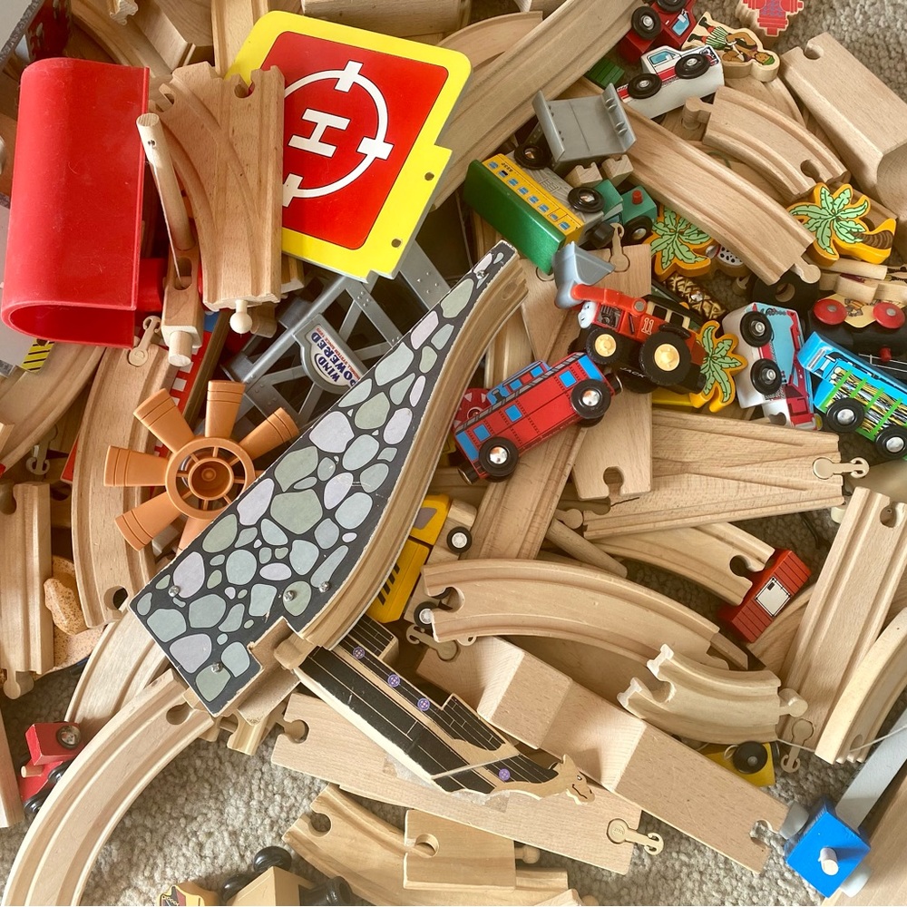 SOLD!! HUGE Lot of TWO boxes of Wooden Trains Tracks Bridges Pirate Ship Towers